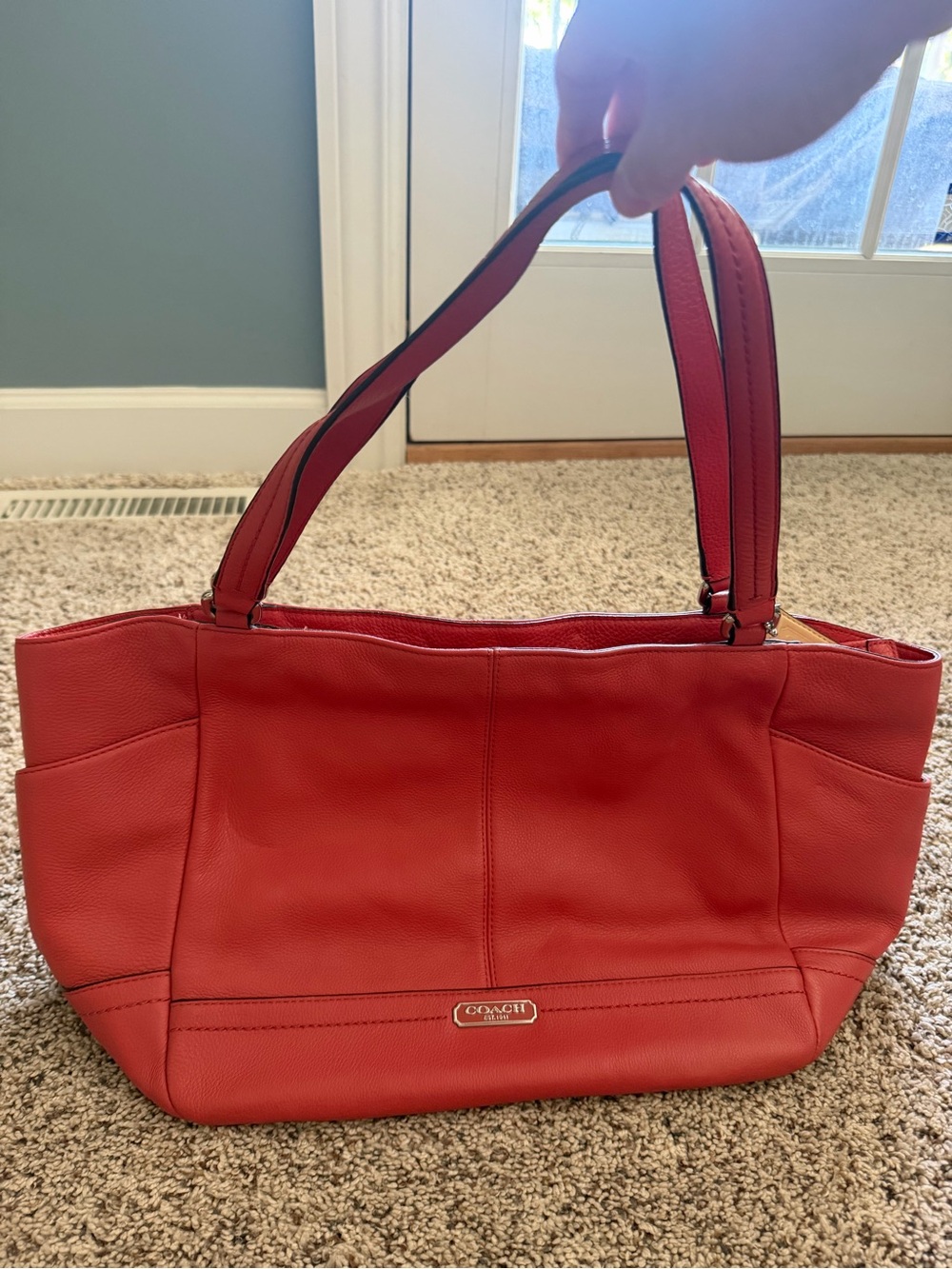 Coach Park Carrie CoralRed Pebbled Leather Large Tote Shoulder Bag K1380-F23284.